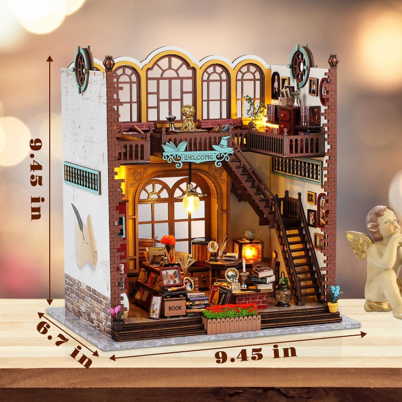 Quanquer Miniature House Kit: Magic Book Store Book Nook with Furniture and LED Light - DIY Kits for Adults - Wooden Doll House - Great Handmade Craft Model Kits - Tiny House Decor Ideal Gifts - Image 2